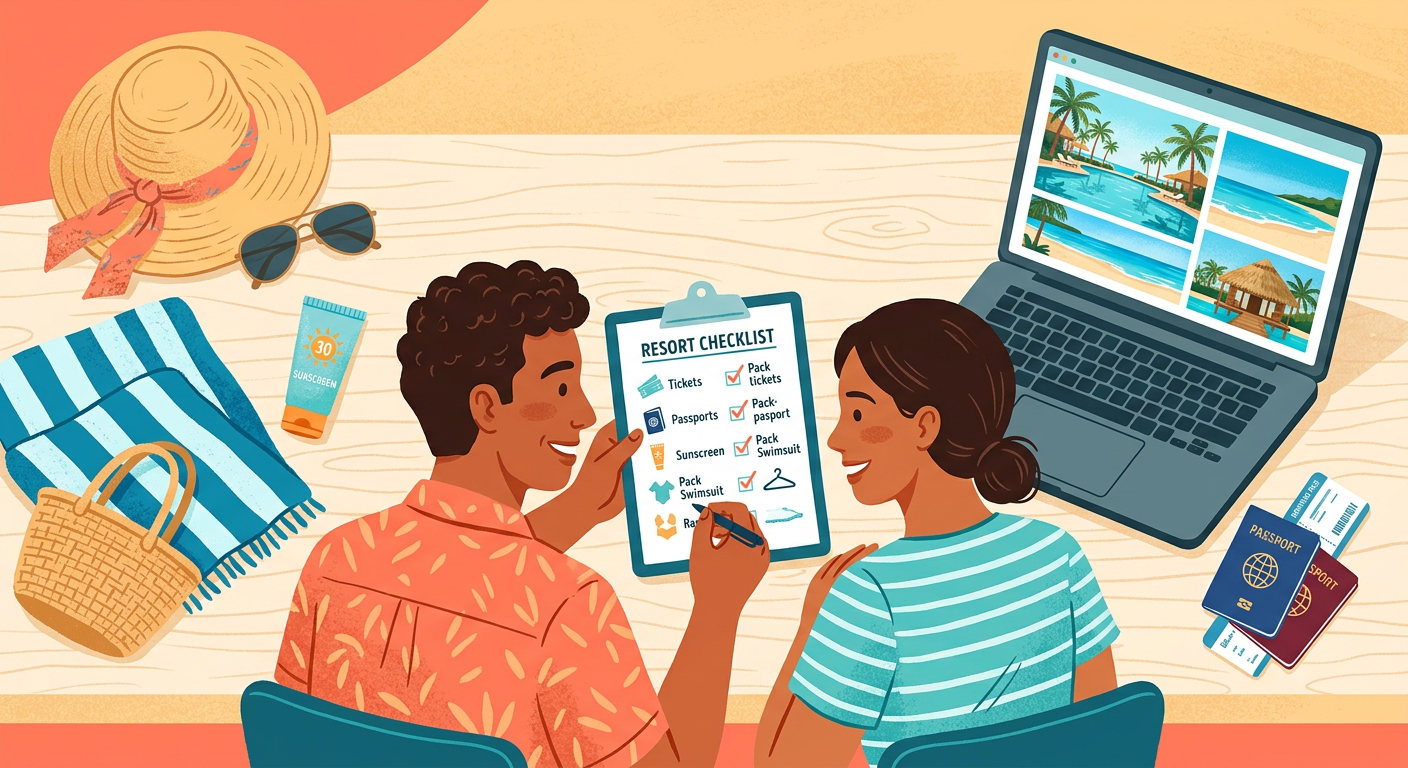 Modern editorial illustration of a couple reviewing a resort checklist beside beachwear, passports, and a laptop showing t...
