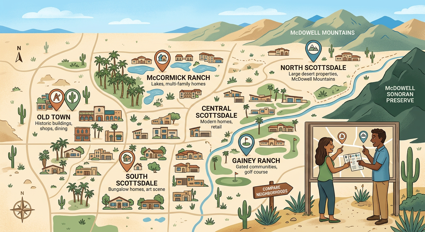 Modern illustrated map-style scene of Scottsdale neighborhoods with subtle desert roads, homes, palm trees, and location p...