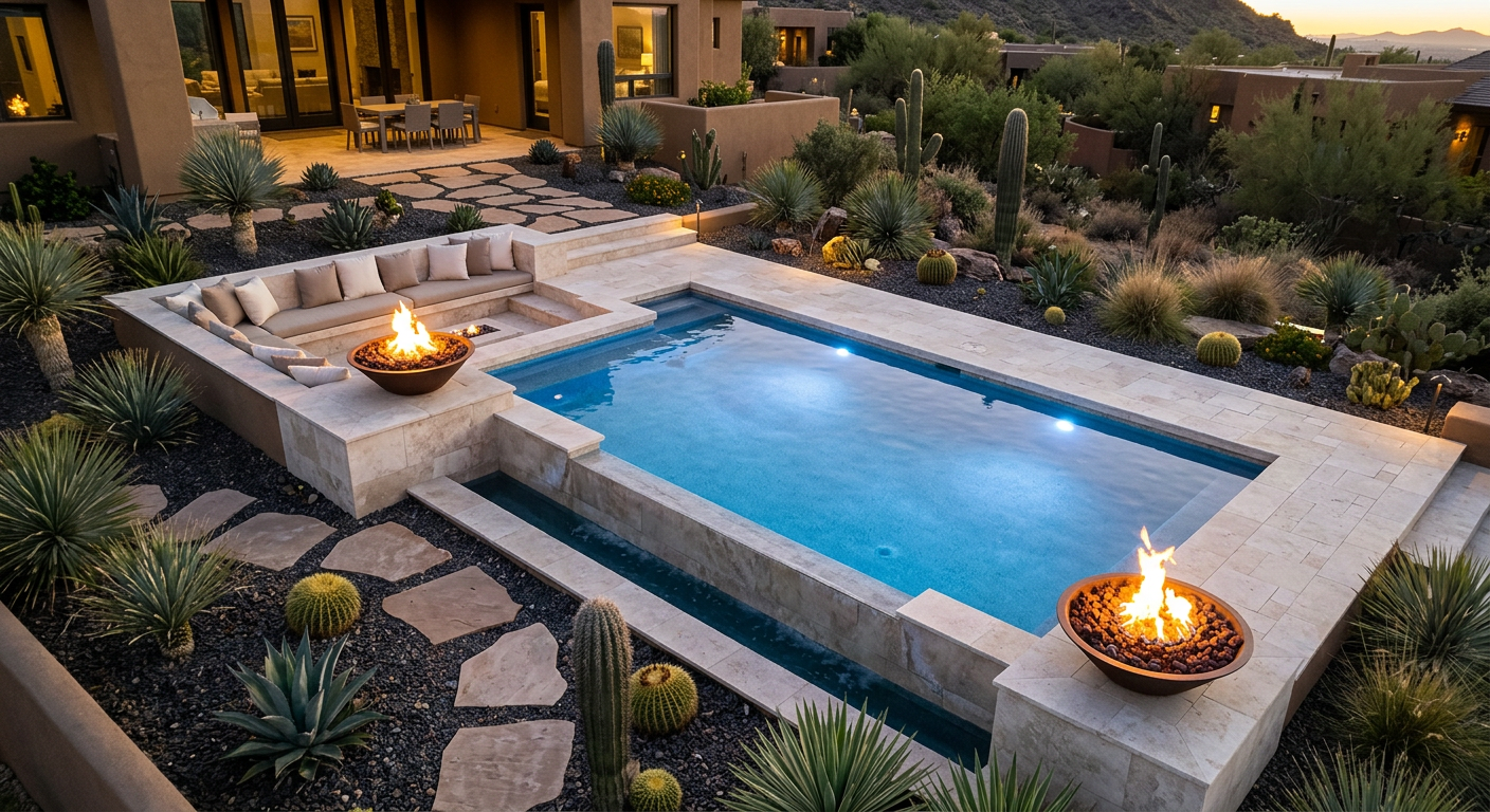 Custom Spool Design Paradise Valley for Luxury Outdoor Living Photorealistic overhead view of a modern rectangular spool with integrated bench seating, fire bowls, stepping stones, des...