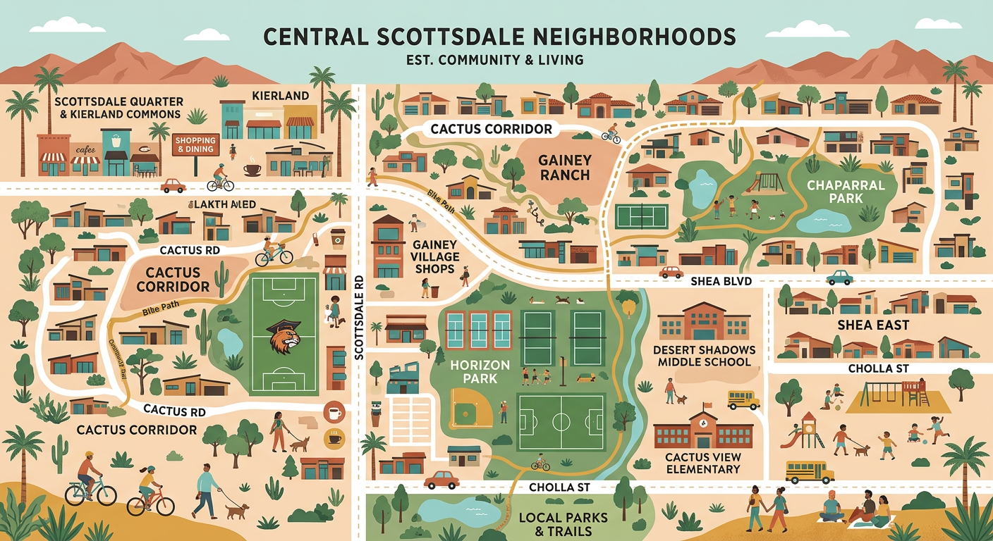 Modern illustrated map-style scene of central Scottsdale neighborhoods with homes, parks, schools, paths, and shopping are...