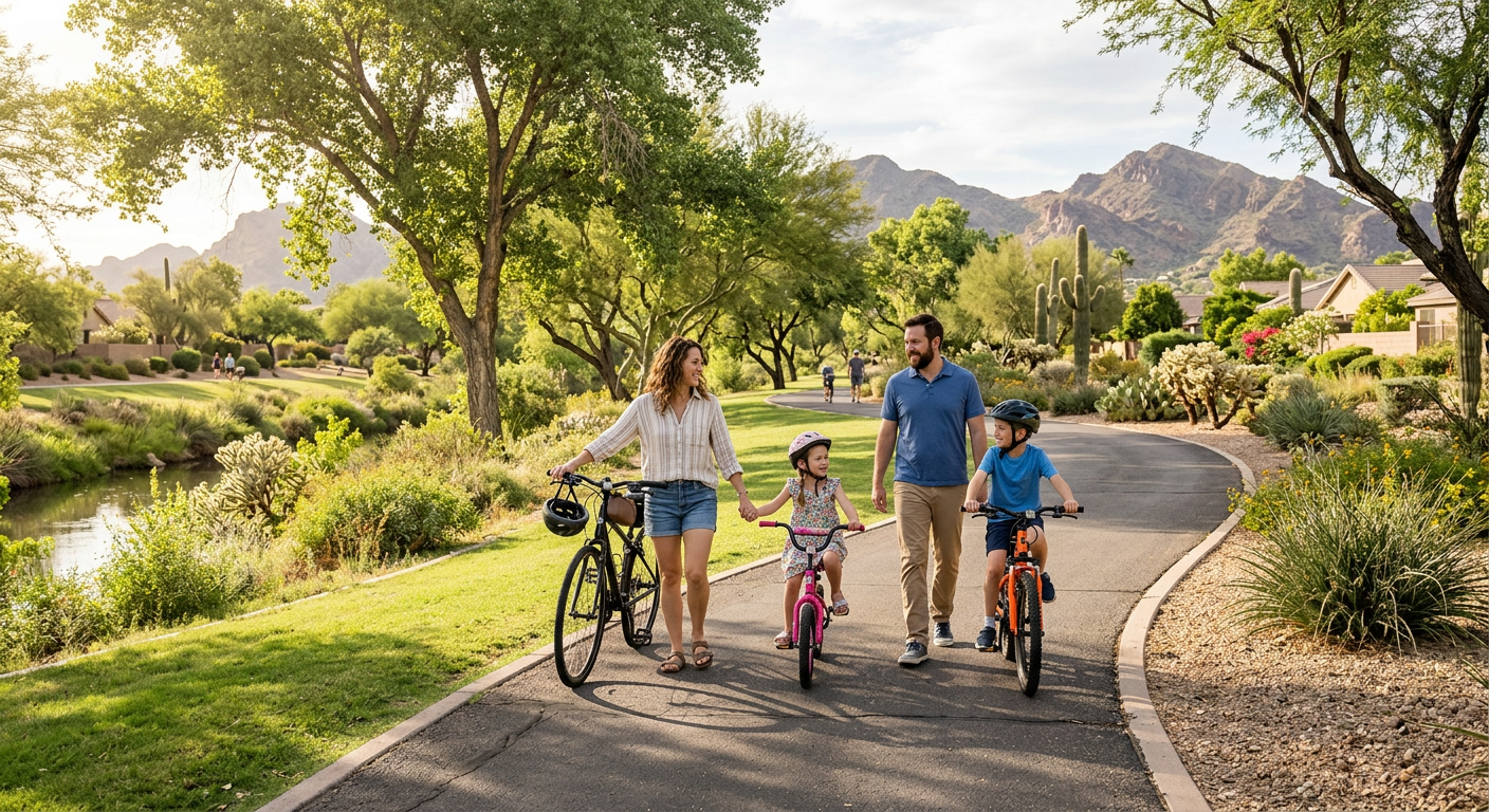 Photorealistic scene of a family walking a shaded path near the Indian Bend Wash Greenbelt in Scottsdale, with bikes, dese...