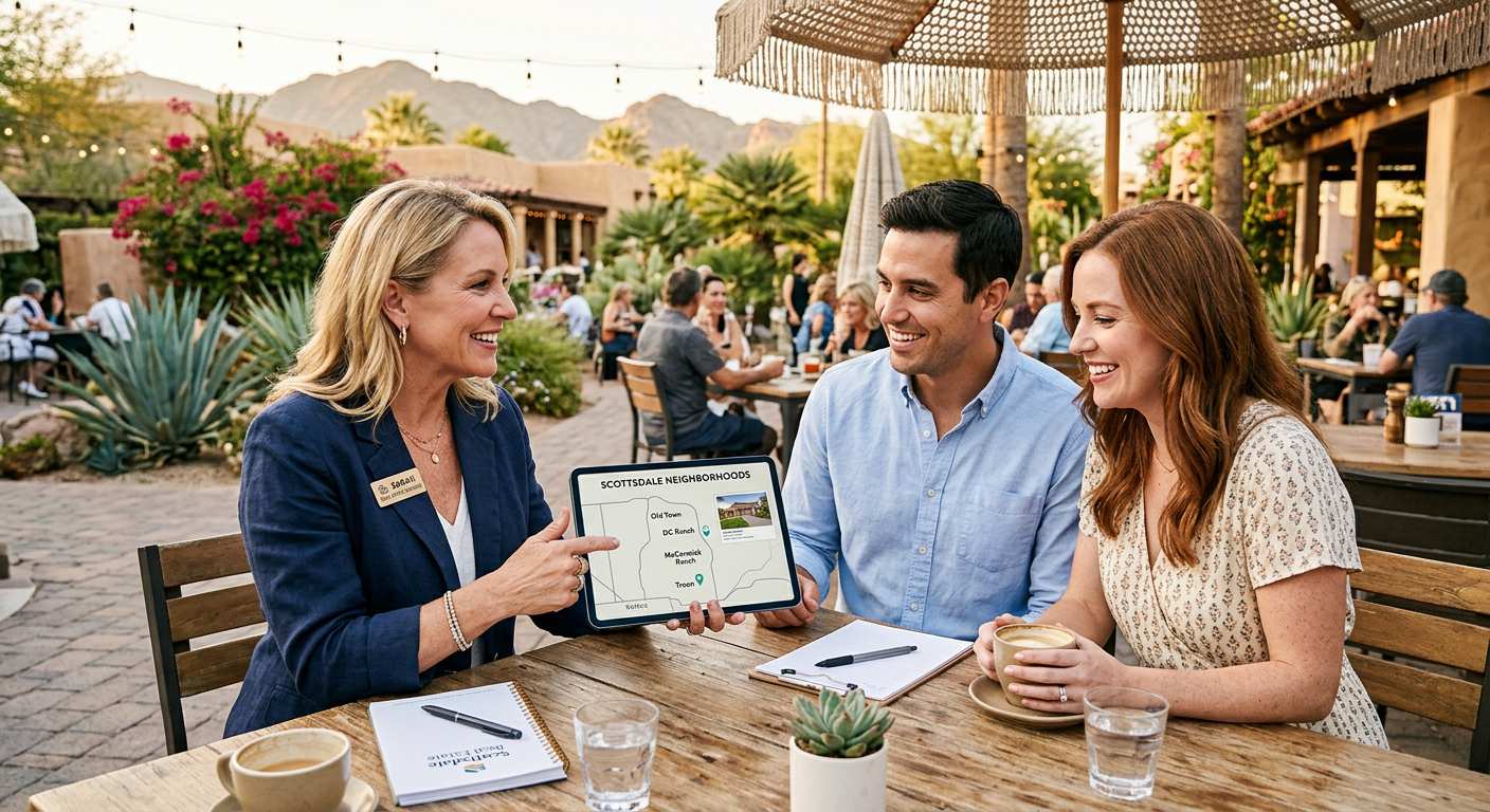 Photorealistic lifestyle scene of a relocation couple reviewing Scottsdale neighborhoods with a local real estate advisor ...