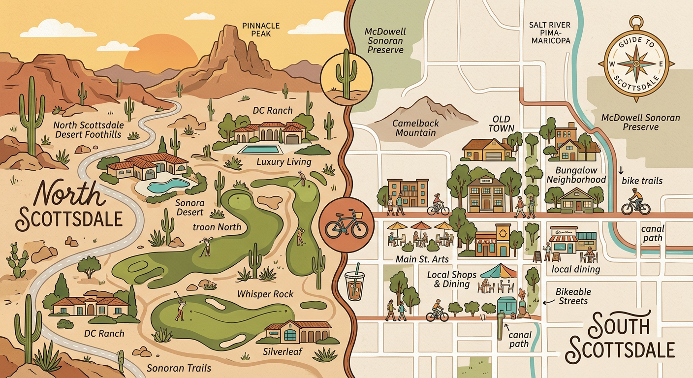Modern illustrated split-scene map concept of Scottsdale with North Scottsdale desert foothills, golf greens, and luxury h...