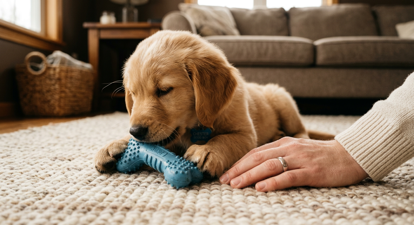 Photorealistic close-up of a puppy calmly chewing a textured rubber toy beside an owner’s relaxed hand on a living room ru...