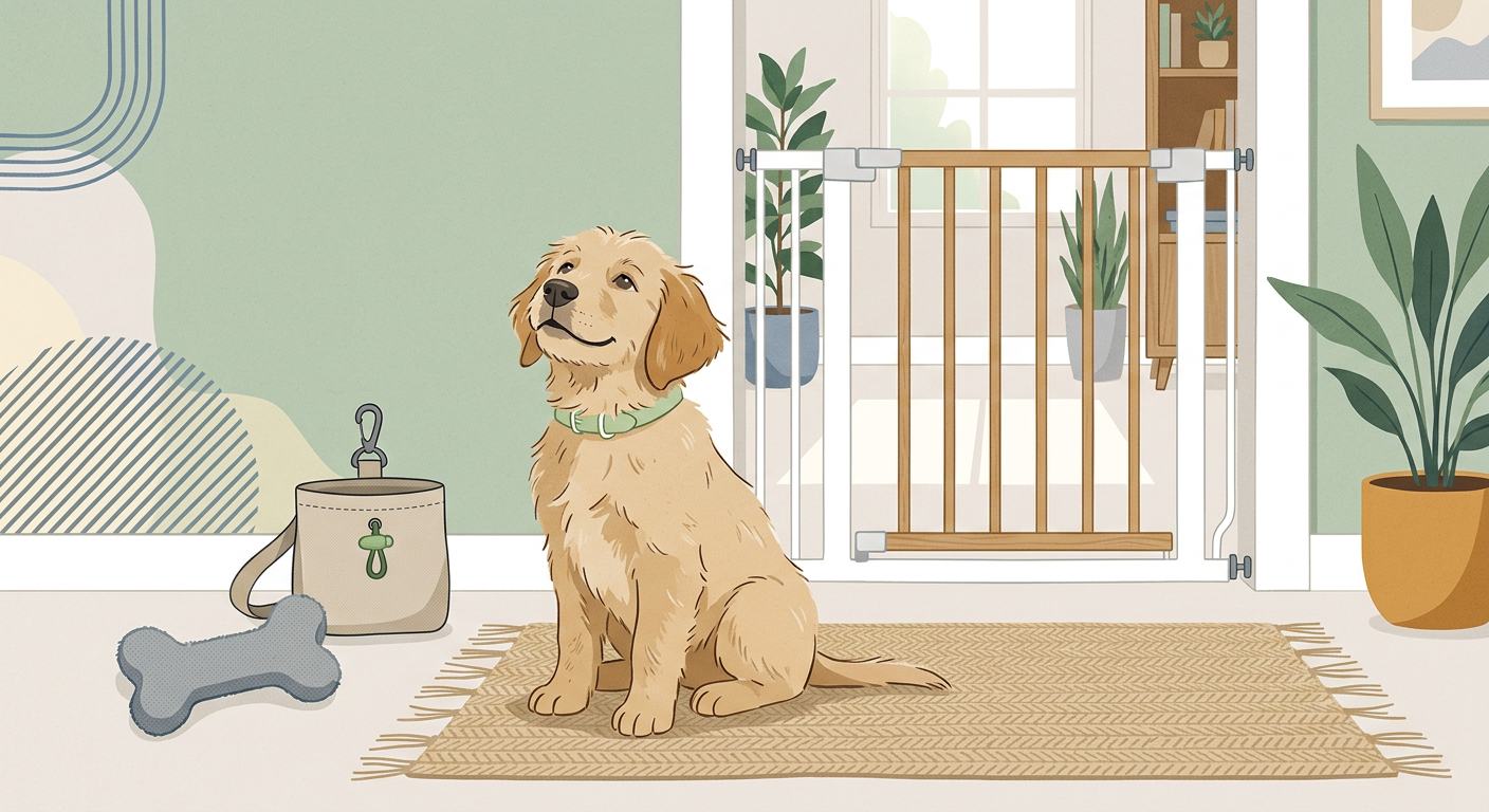 Modern editorial illustration of a puppy beside three calming tools, a chew toy, treat pouch, and baby gate, clean home se...