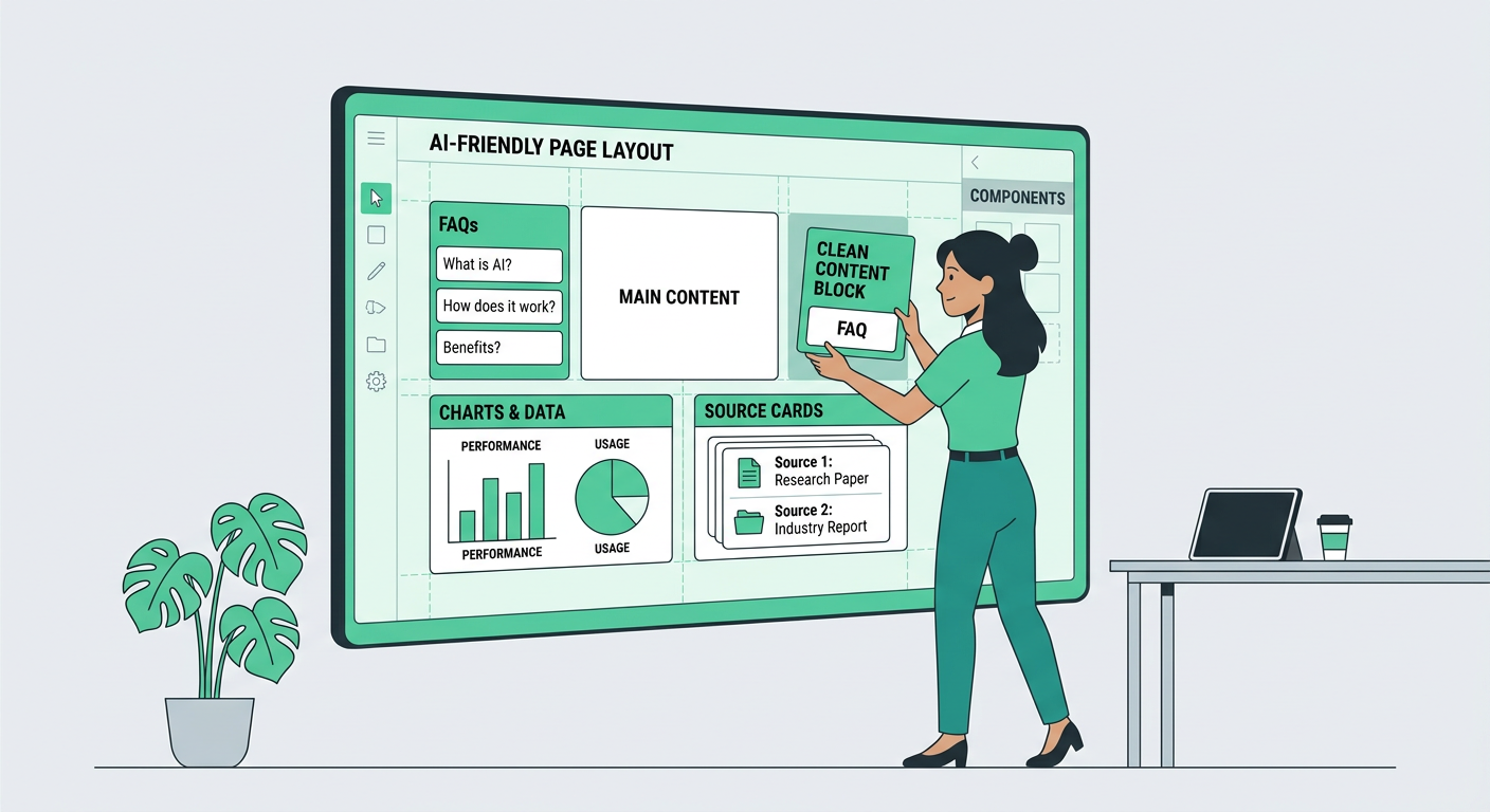Modern flat vector illustration of one marketer arranging clean content blocks, FAQs, charts, and source cards into a simp...