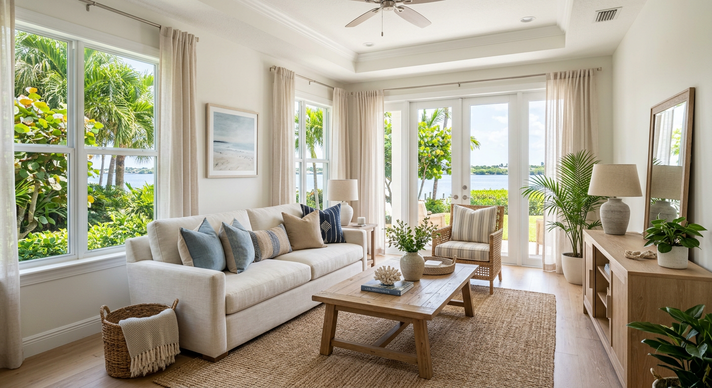 Photorealistic interior of a freshly prepared Lake Worth living room with neutral furniture, open curtains, tropical green...