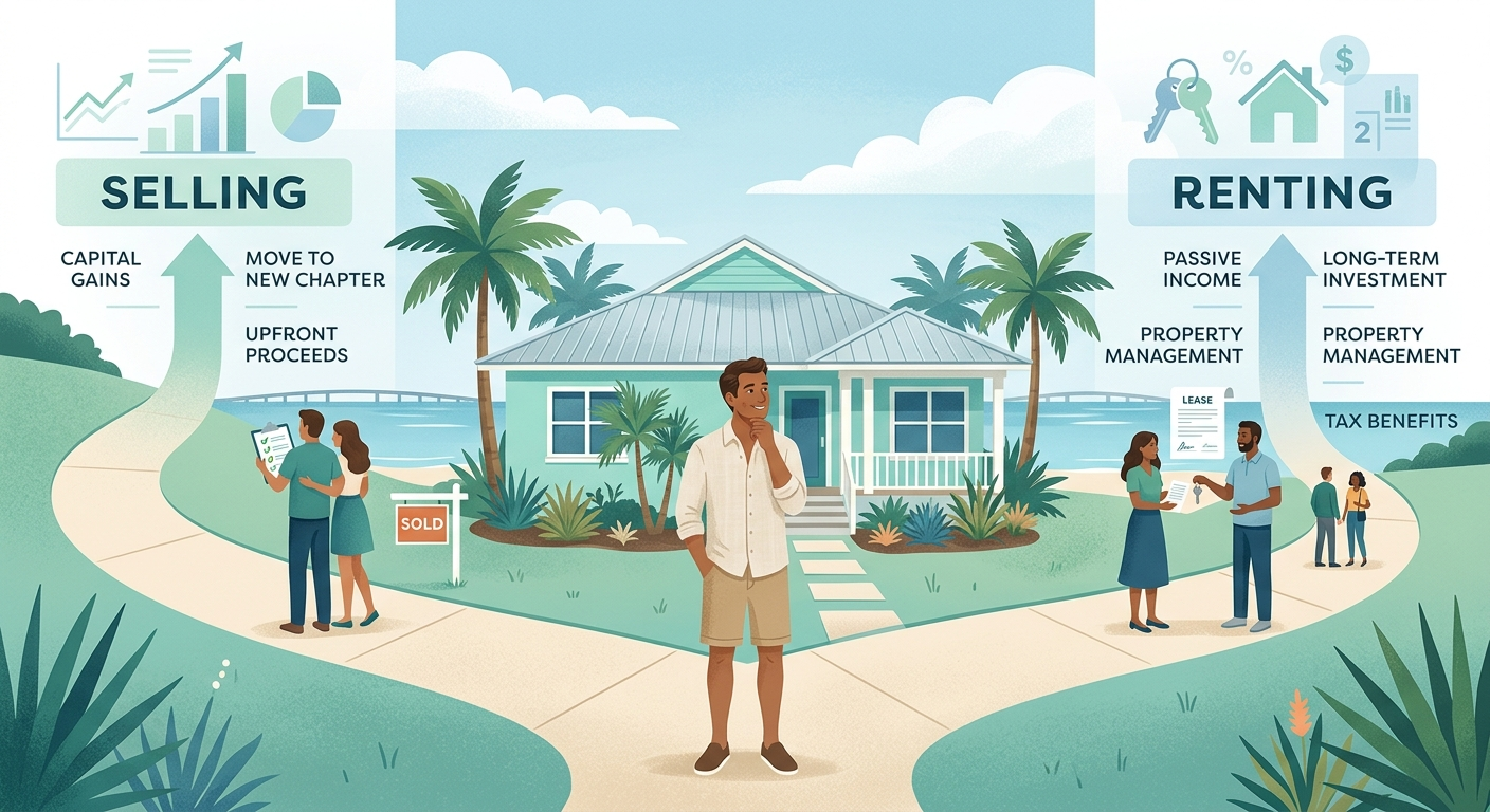 Modern editorial illustration of a South Florida homeowner comparing two paths, selling a home and renting it, with a coas...