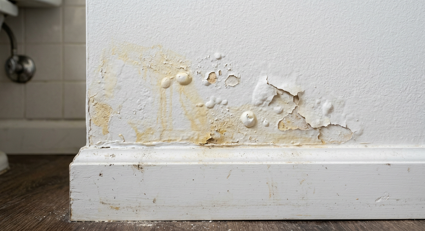 Signs of Mold Behind Drywall: Aspen Homeowners Warning Guide | Water Damage Cleanup & Restoration Company in Aspen | Helpers Close-up photorealistic view of white drywall with subtle yellow staining, bubbling paint, and a baseboard near a bathroom...
