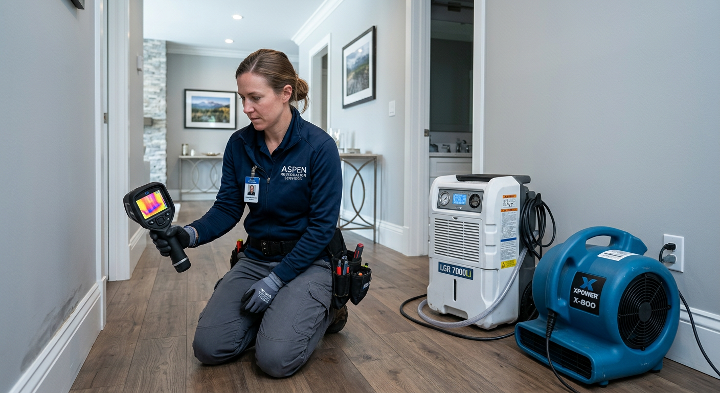 Signs of Mold Behind Drywall: Aspen Homeowners Warning Guide | Water Damage Cleanup & Restoration Company in Aspen | Helpers Professional restoration technician in a clean Aspen home hallway using a thermal imaging camera beside a dehumidifier and...
