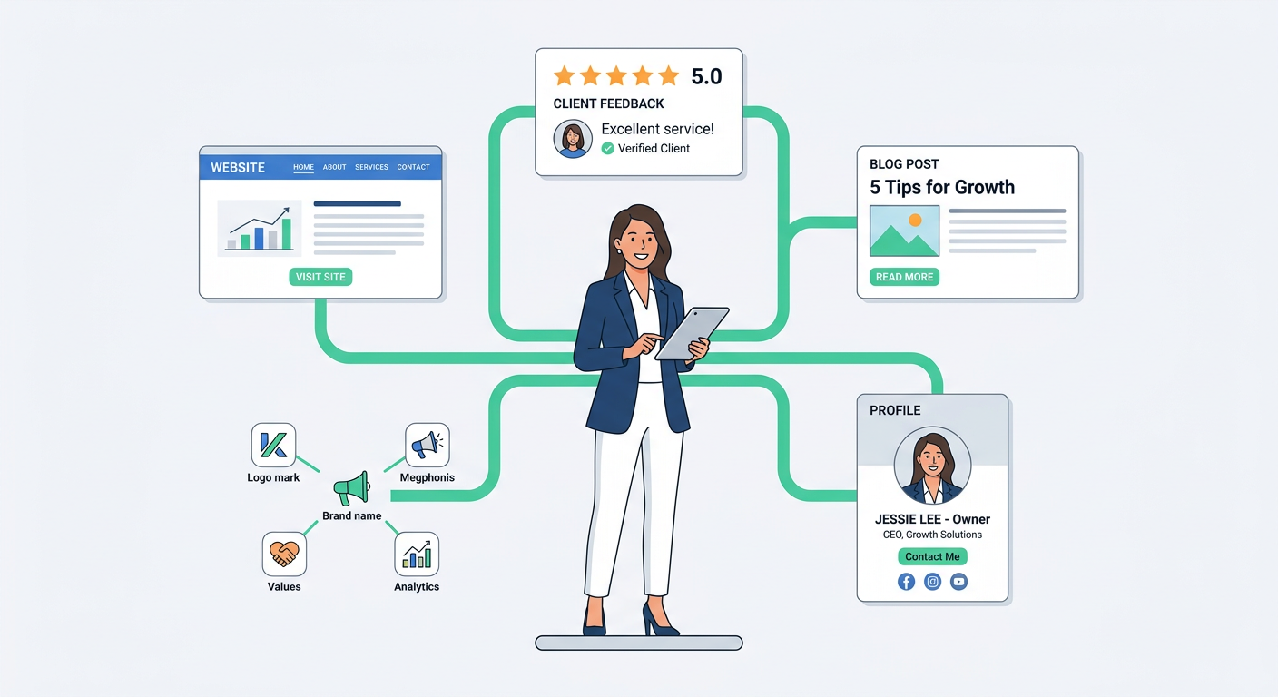 Minimal flat vector illustration of one business owner standing in the center of connected brand signals, website page, re...