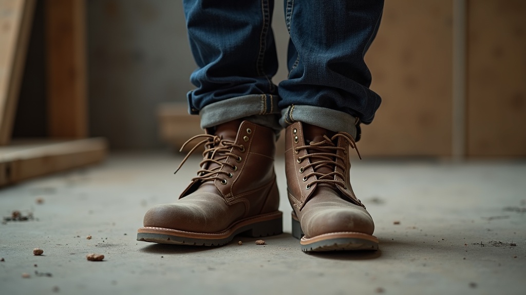 Crew length work socks visible above steel-toe work boots on a construction site