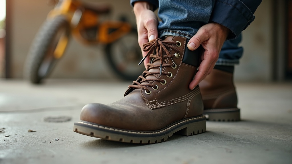 Worker pulling on moisture wicking work socks before a long shift on the jobsite