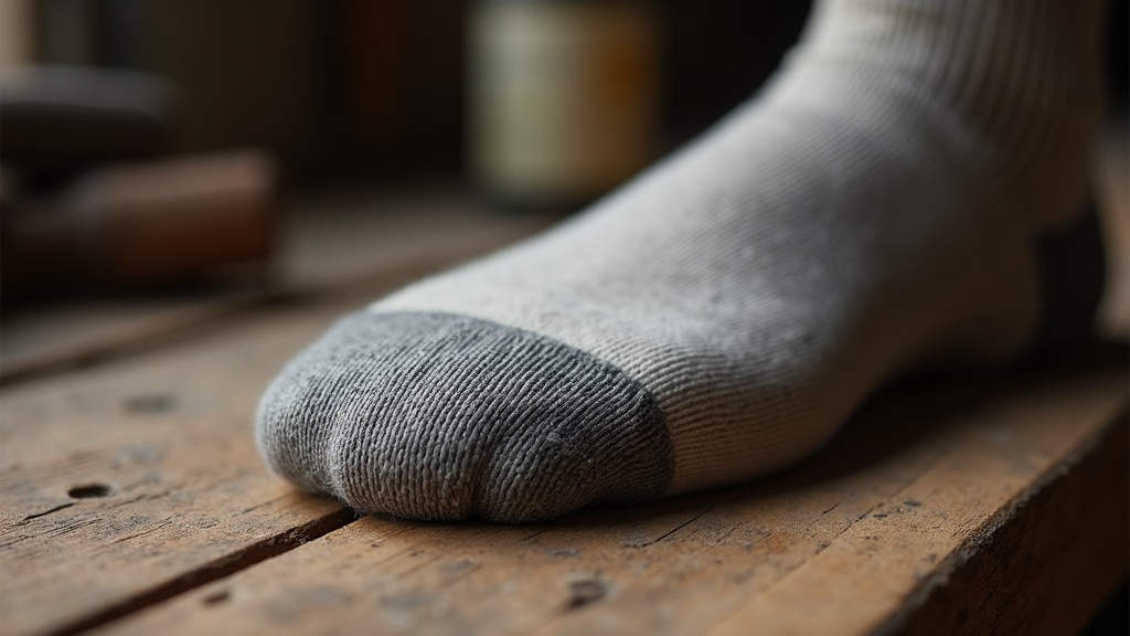 Close-up of reinforced heel and toe on a heavy-duty merino wool work sock