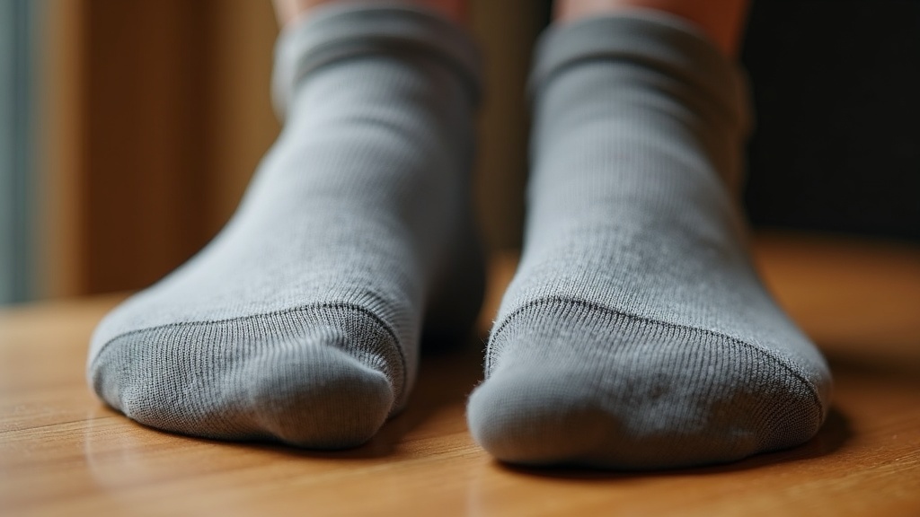 Worn-out thin cotton work sock next to a thick reinforced merino wool work sock for comparison