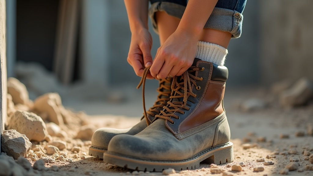 Woman lacing up steel-toe work boots on a construction site with heavy-duty work socks visible