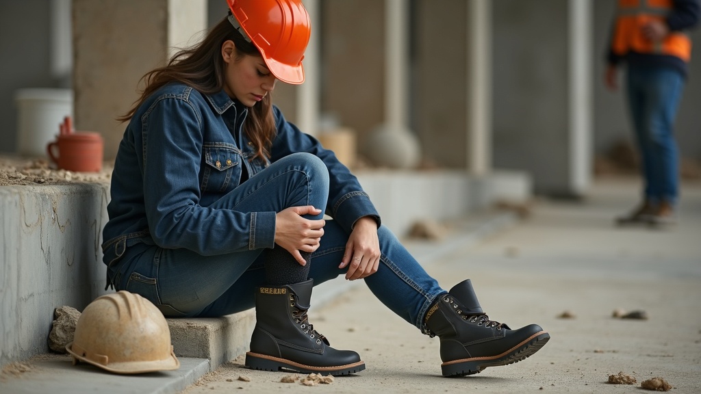 Woman construction worker removing work boot to show compression sock during a break on site