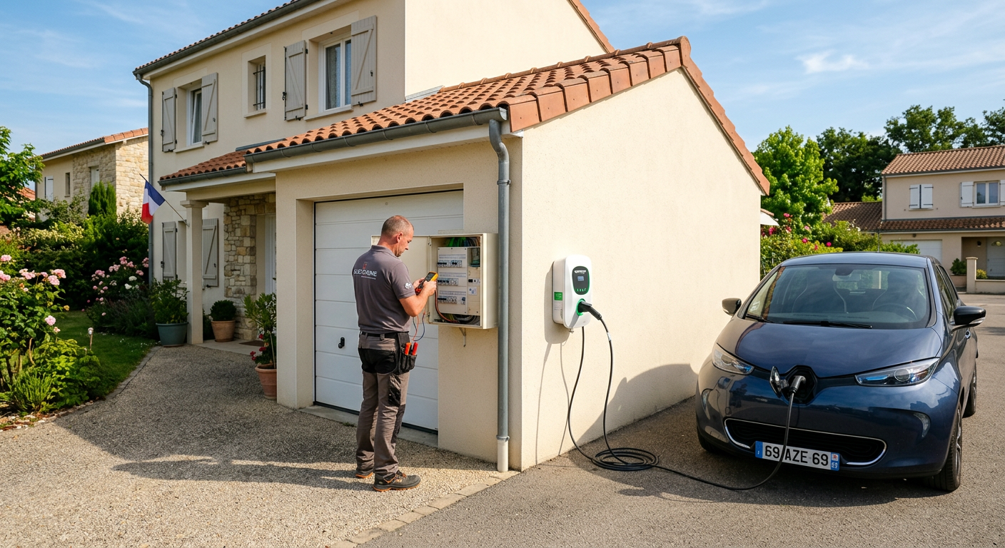 Borne de recharge électrique pilotable installée sur un parking résidentiel avec une voiture en charge et un installateur professionnel