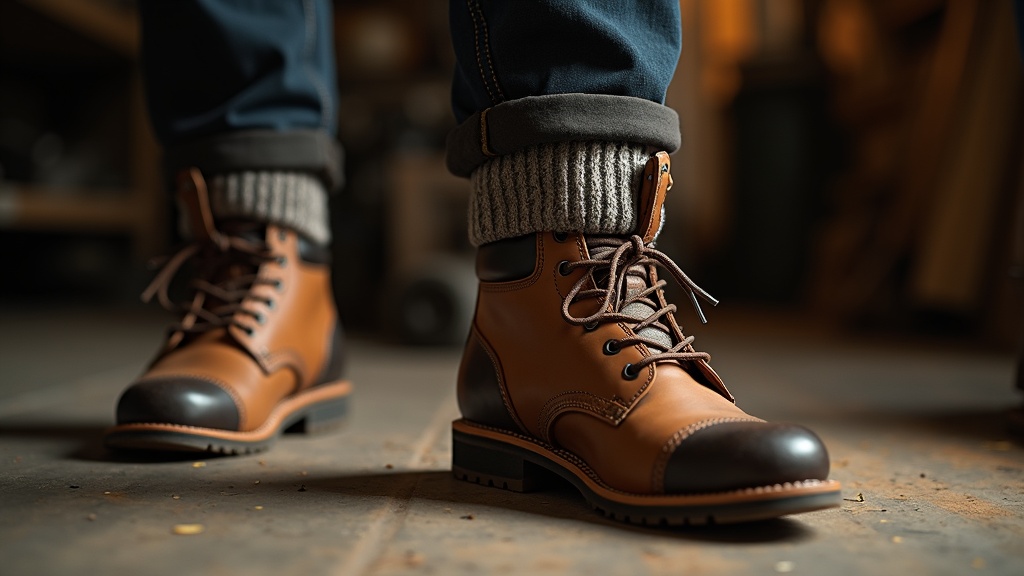 Foot in thick work boot sock being fitted into a steel toe boot