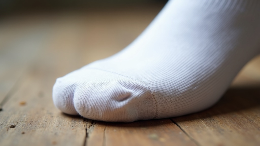 Thin cotton sock showing wear at the toe, not suitable for steel toe boots