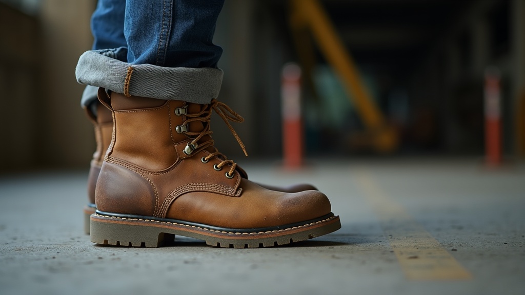 Steel toe boots with thick work boot socks on a jobsite