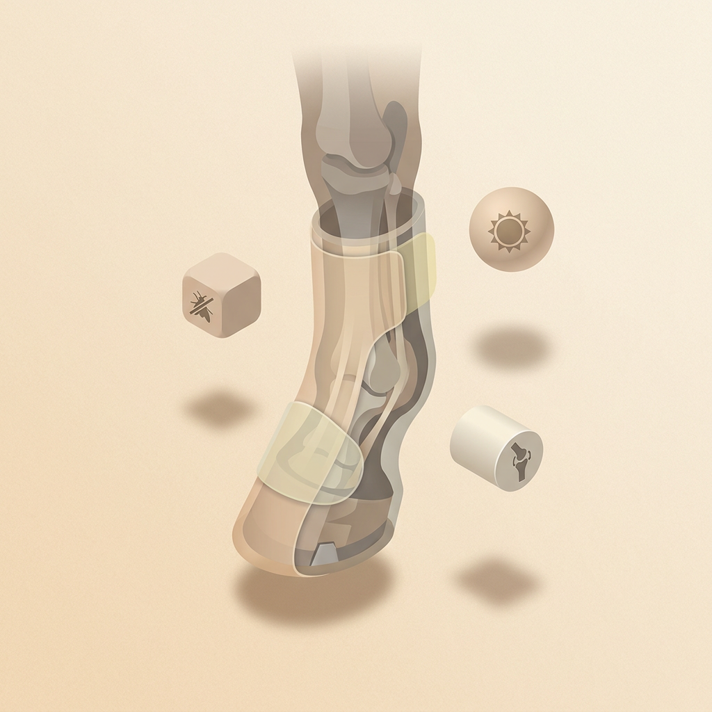 Diagram showing a horse's lower leg with fly boot protection layers, illustrating how the physical barrier blocks stable flies from reaching skin, with callout zones for UV protection, insect barrier, and joint stress reduction from reduced stomping