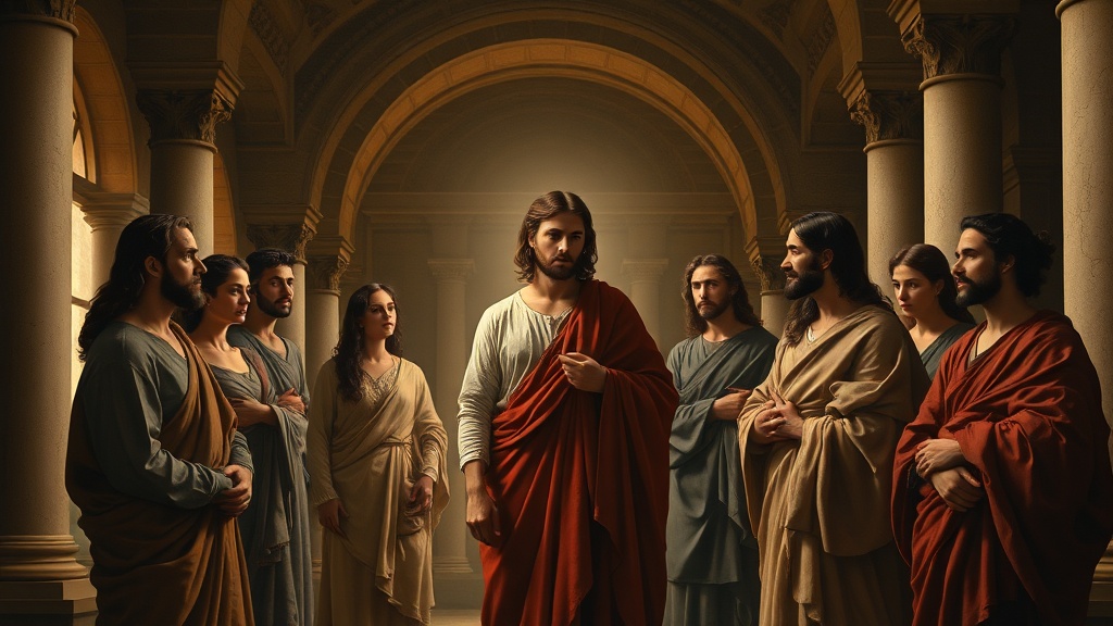 A contemplative biblical allegorical scene about moral discernment