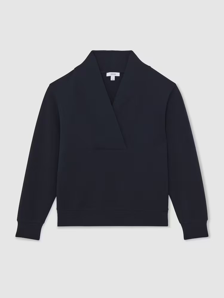 reiss, Premium Interlock Shawl-Neck Sweatshirt with Modal in Navy