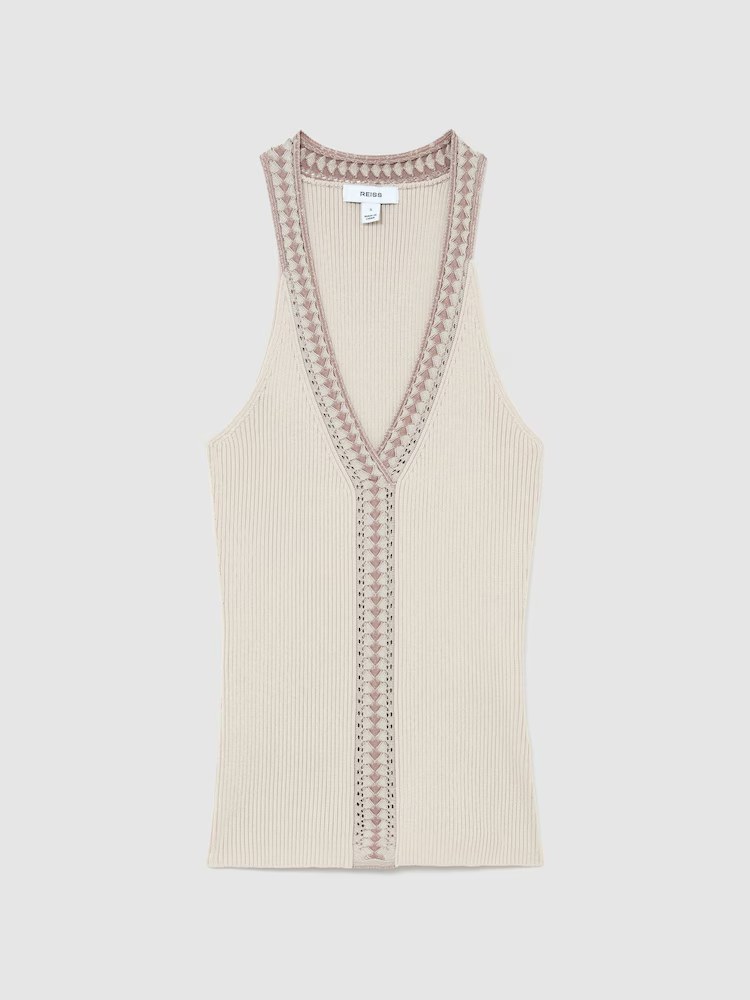 reiss, Contrast-Trim Rib-Knit Vest in Natural
