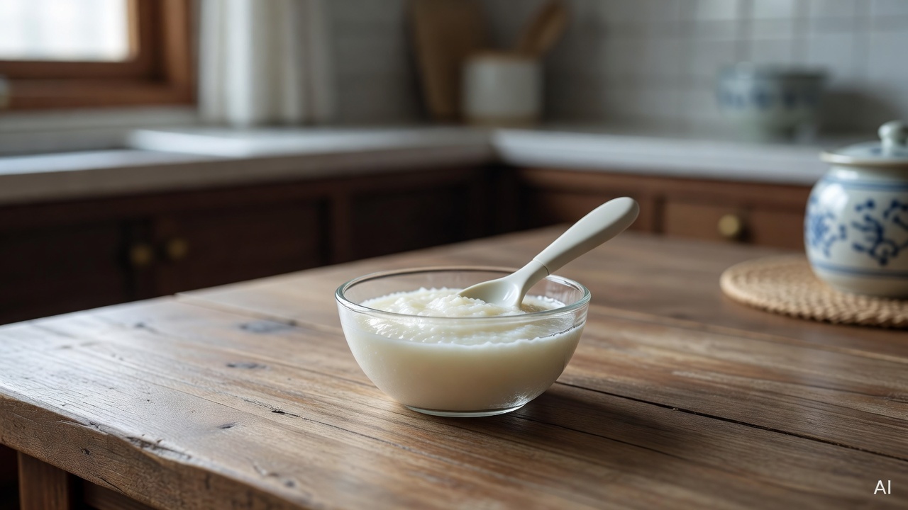 small glass bowl of smooth rice puree on a wooden kitchen table with a baby spoon
