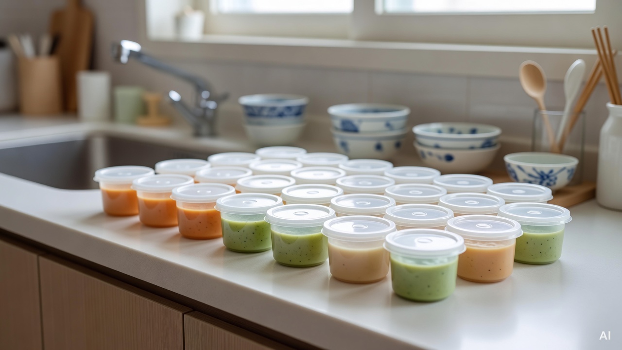 organized rows of small sealed baby food containers on a kitchen counter