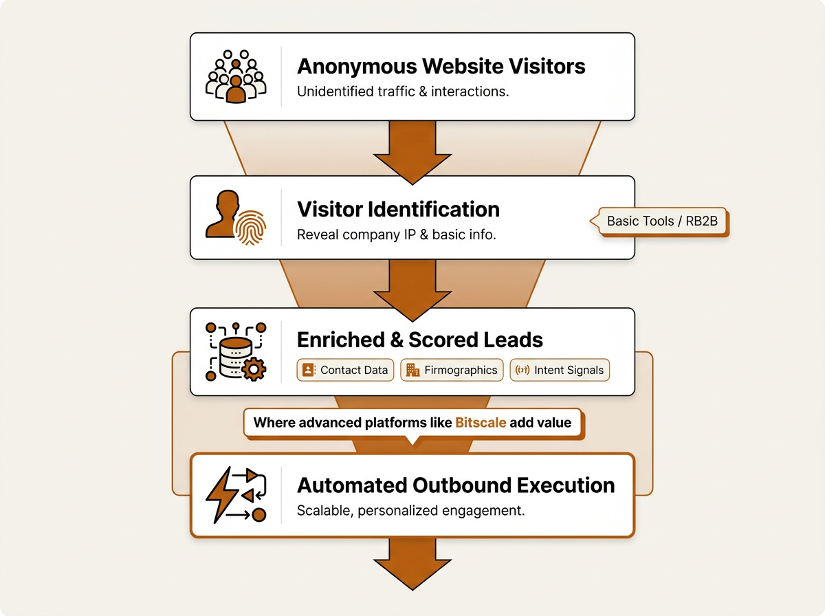GTM funnel diagram showing RB2B visitor identification leading to enriched leads and automated outbound execution