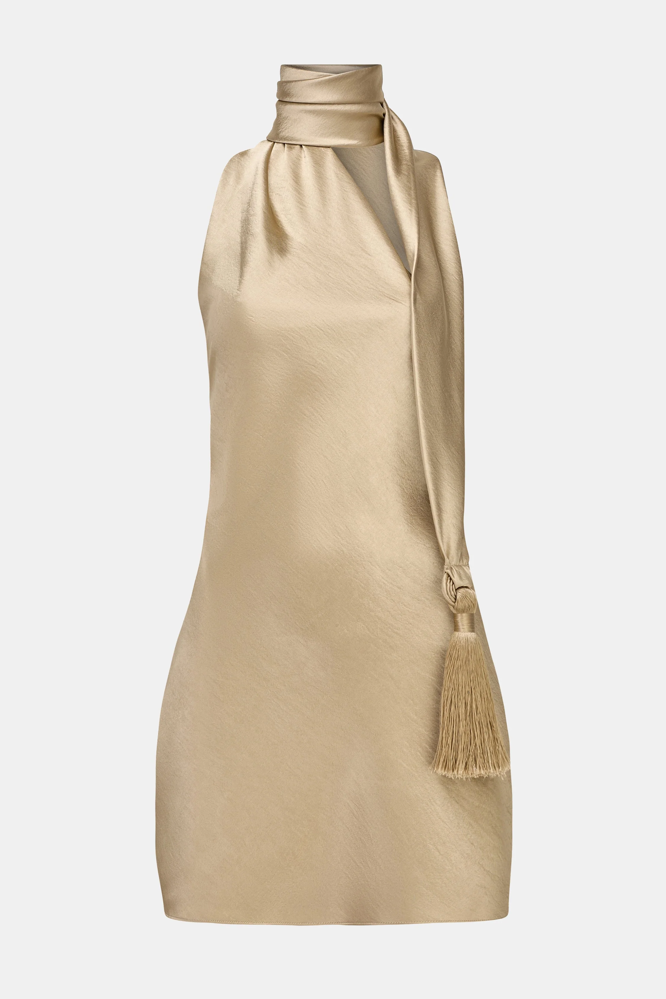 Because of ALice, SATIN HALTERNECK SCARF MINI DRESS WITH TASSEL