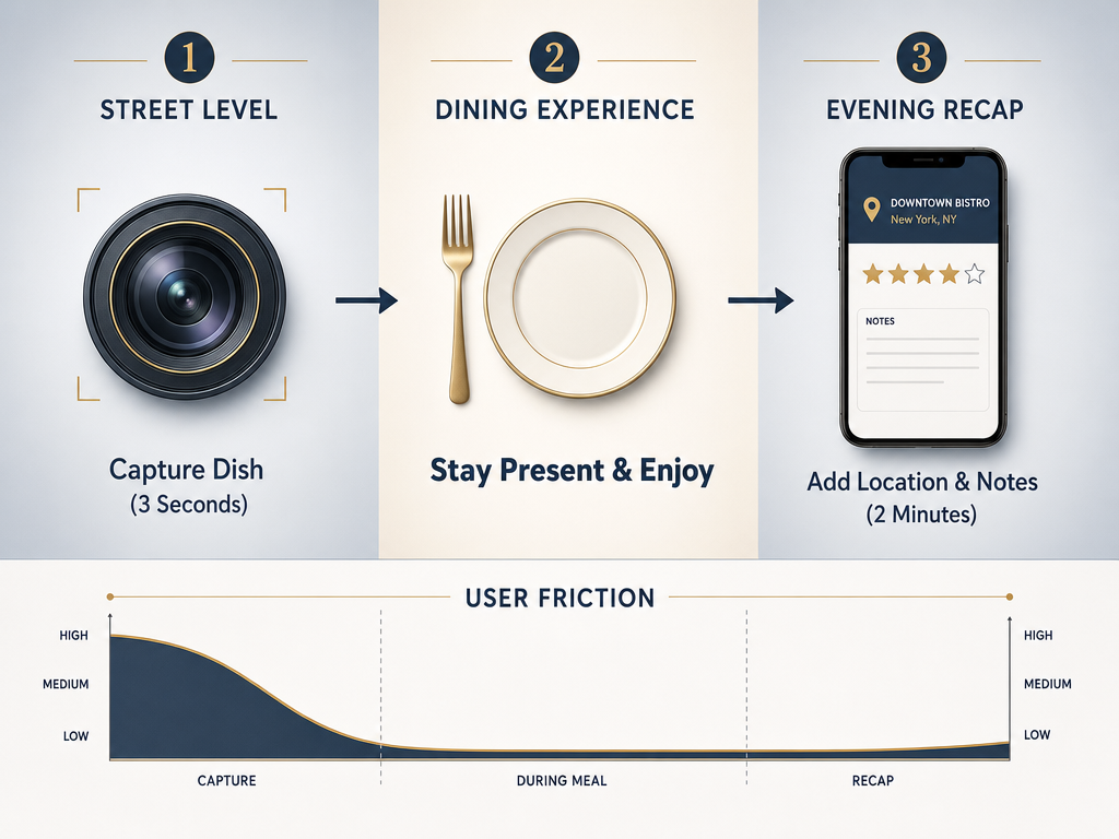 A horizontal workflow diagram showing the three-step 'Snap Now, Tag Later' process for tracking vacation meals without disrupting the dining experience.