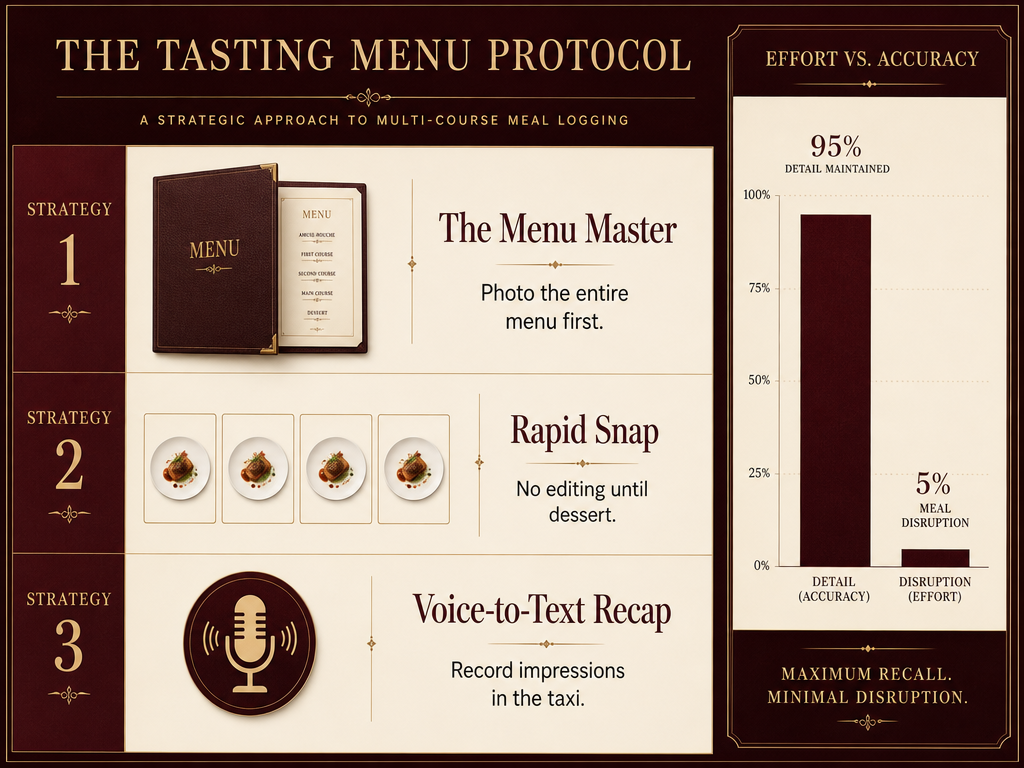 A tactical infographic detailing the 'Tasting Menu Protocol' for logging multi-course meals using menu photos, rapid snapping, and voice-to-text recaps.