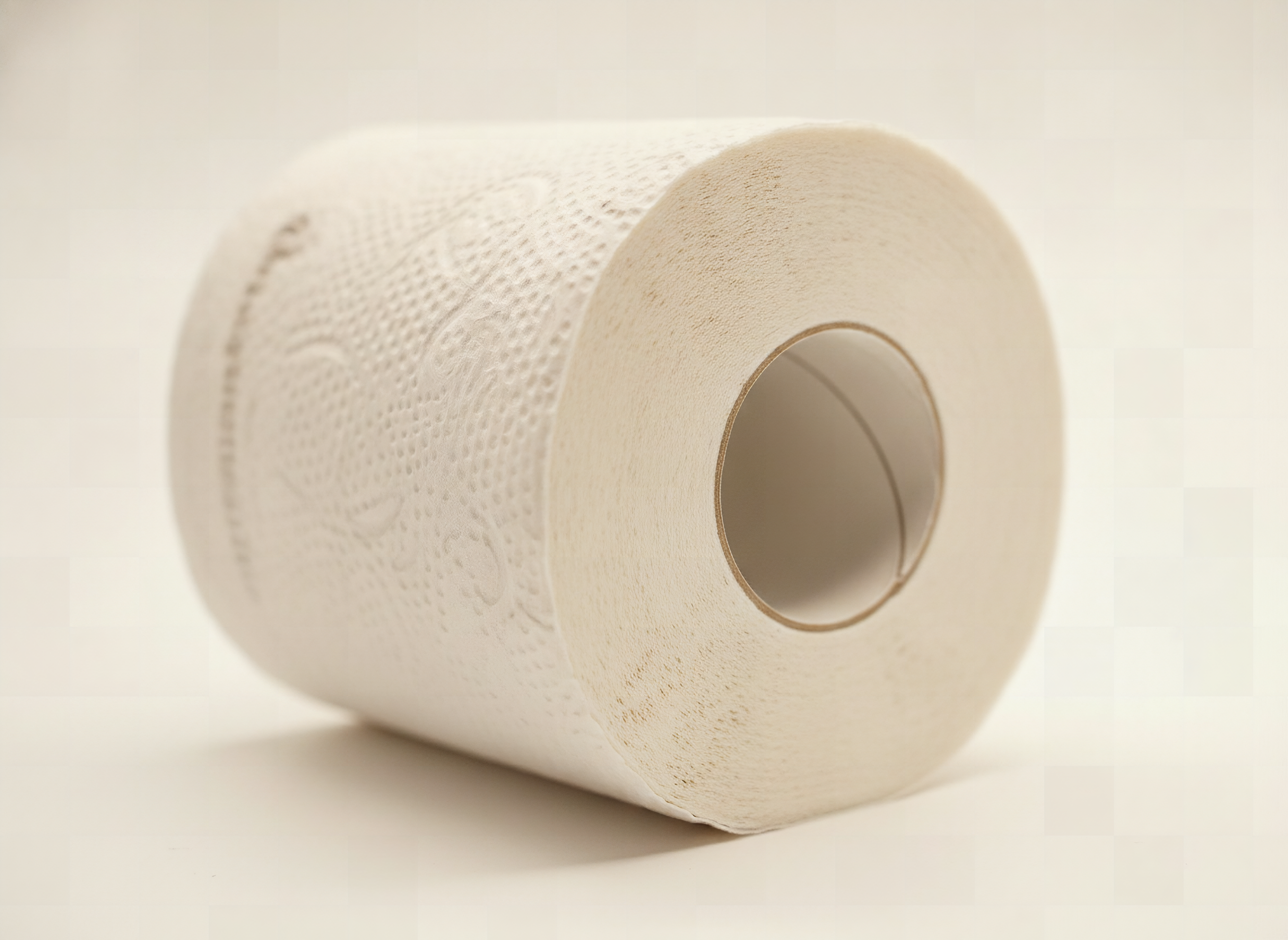Macro close-up of Amazon Basics toilet paper showing soft 2-ply tissue texture and spiral layers