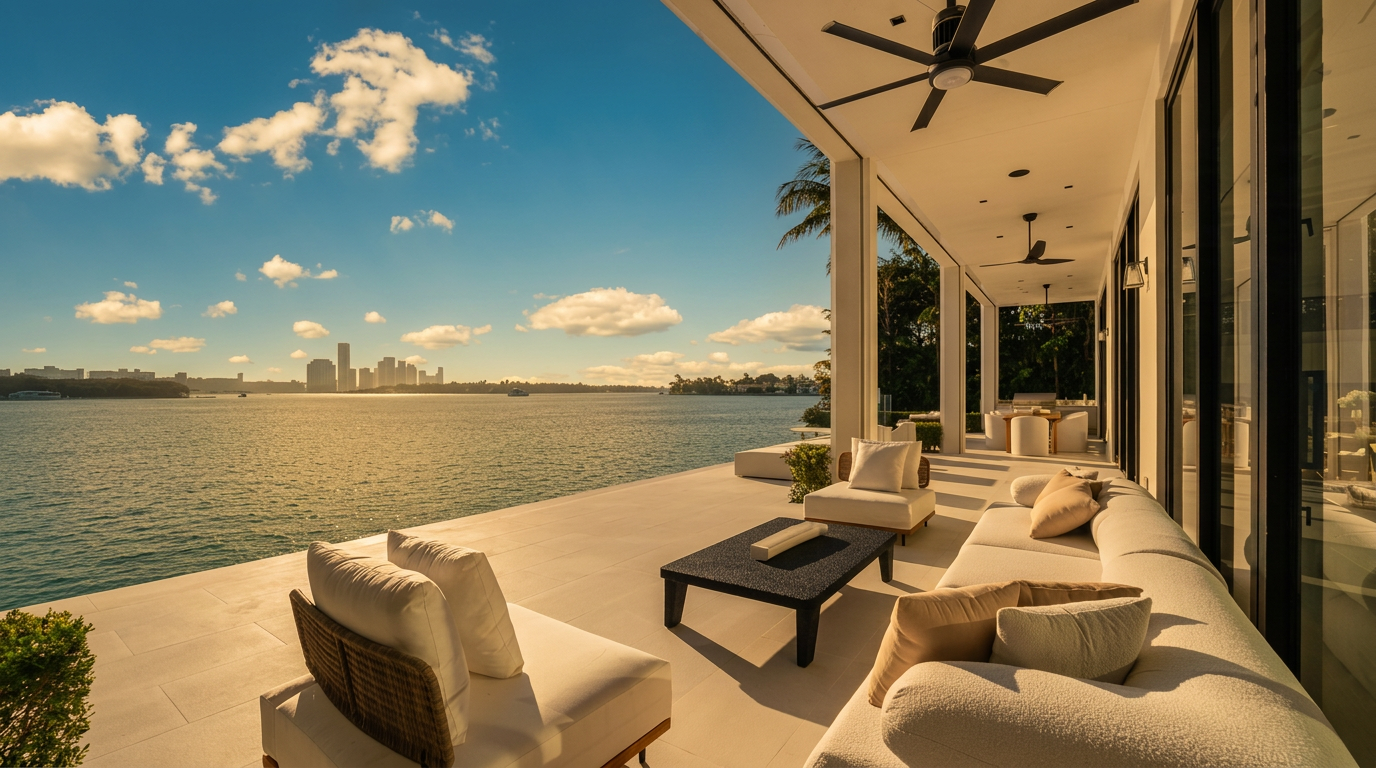 This expansive covered patio offers a luxurious outdoor living space with a direct view of a waterfront infinity pool and the distant city skyline. The area is furnished with plush white lounge seating and a dark coffee table, all set against a backdrop of large glass panels that provide an unobstructed view of the bay. The space is defined by its clean, modern aesthetic, featuring a high ceiling with integrated fans and recessed lighting, creating a seamless transition between indoor comfort and outdoor scenery.