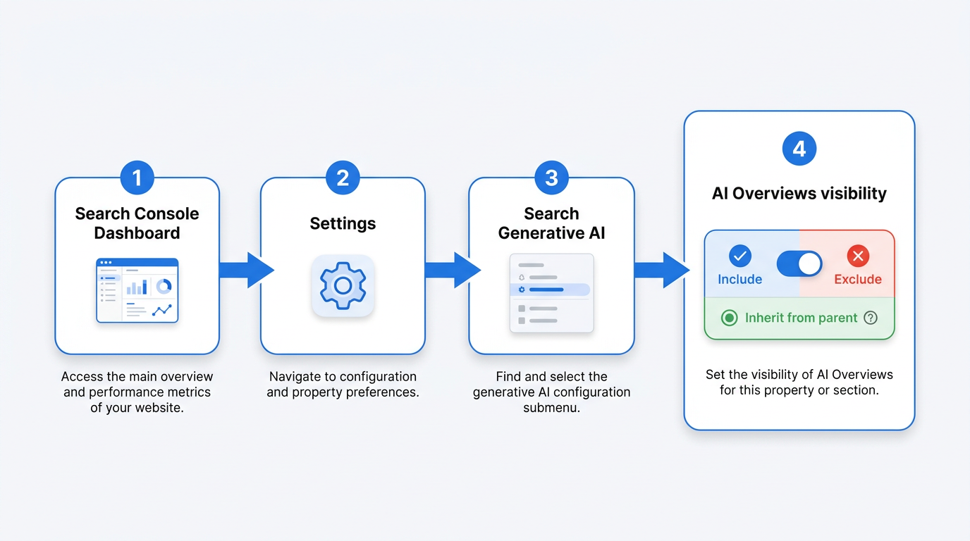 Step-by-step diagram for finding the Google AI opt out toggle in Search Console