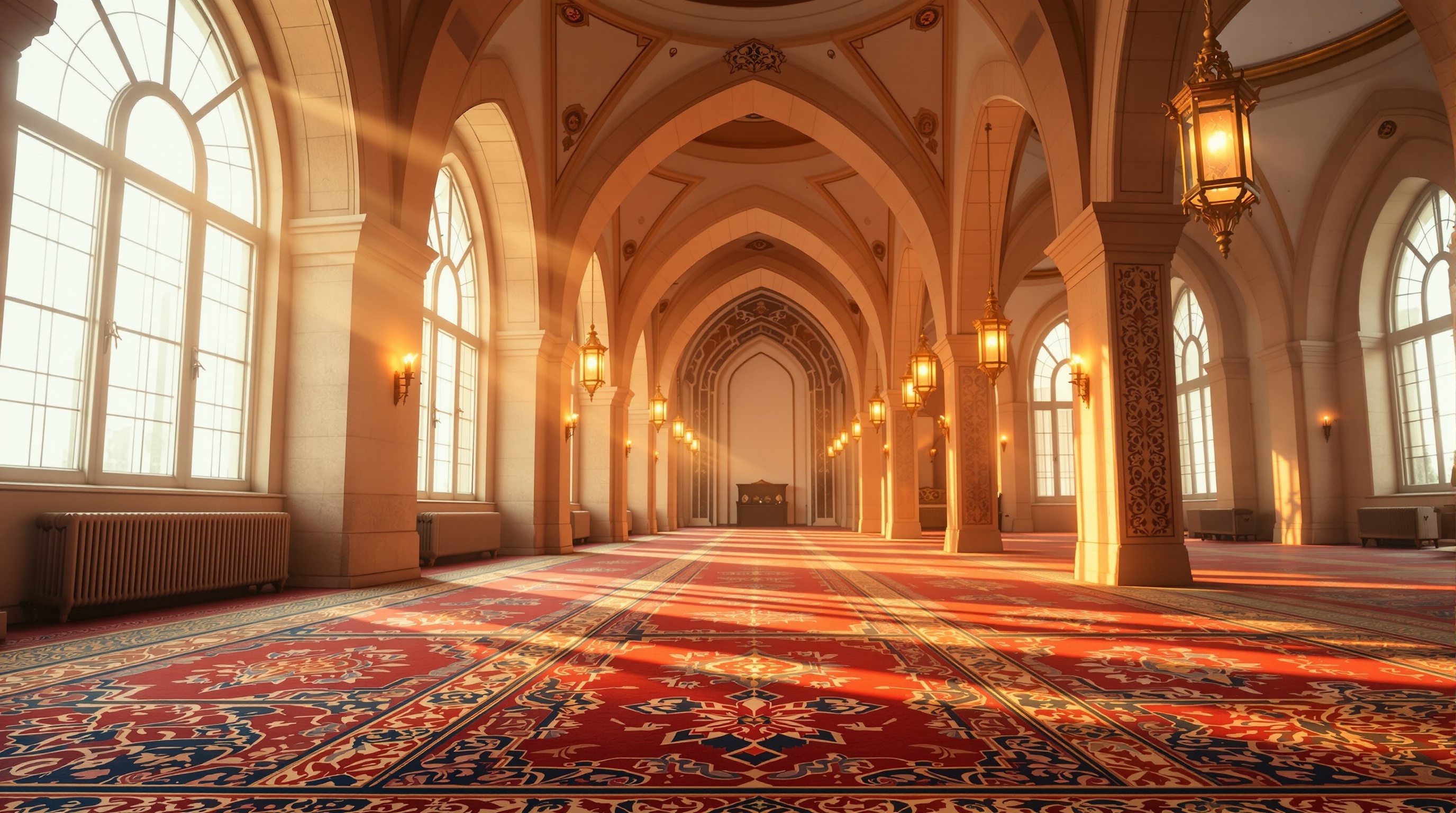 Huzurlu, aydınlık bir cami iç mekânı
