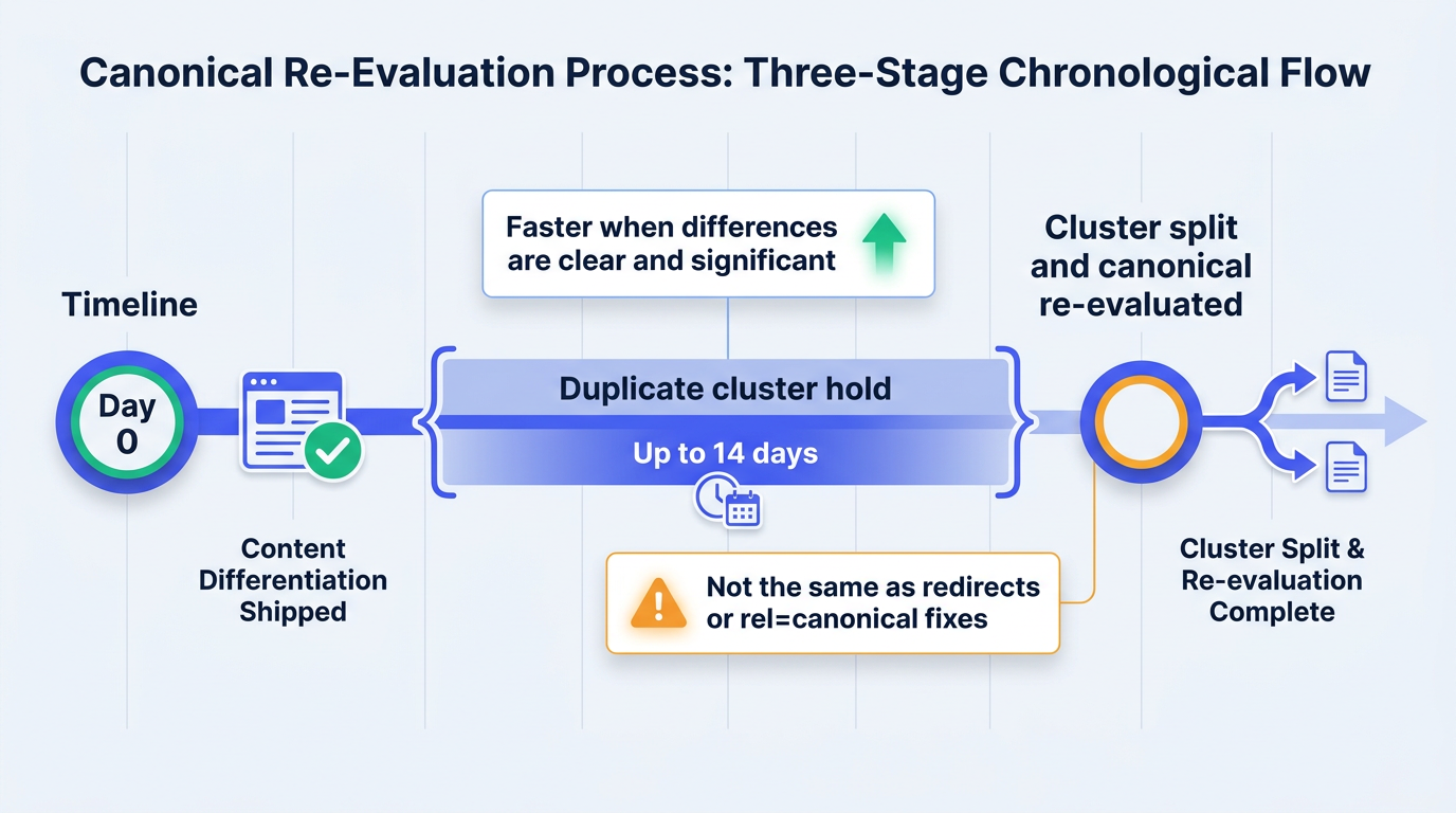 Timeline infographic showing canonical re-evaluation time up to 14 days after content fix