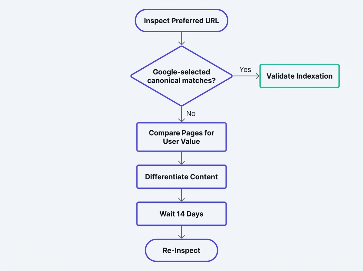 Flowchart for diagnosing Google-selected canonical and duplicate cluster