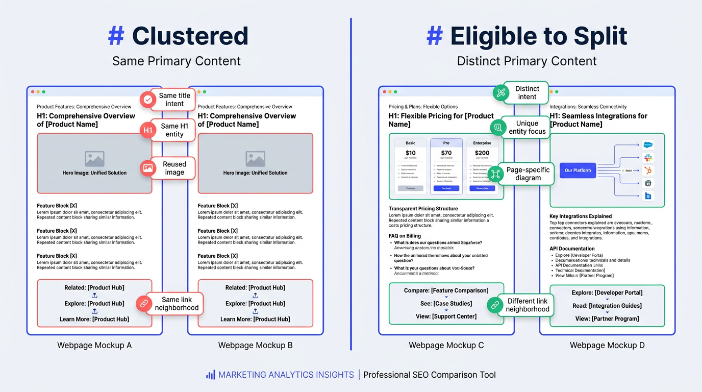 Infographic comparing clustered duplicate pages versus differentiated pages eligible to split canonicalization