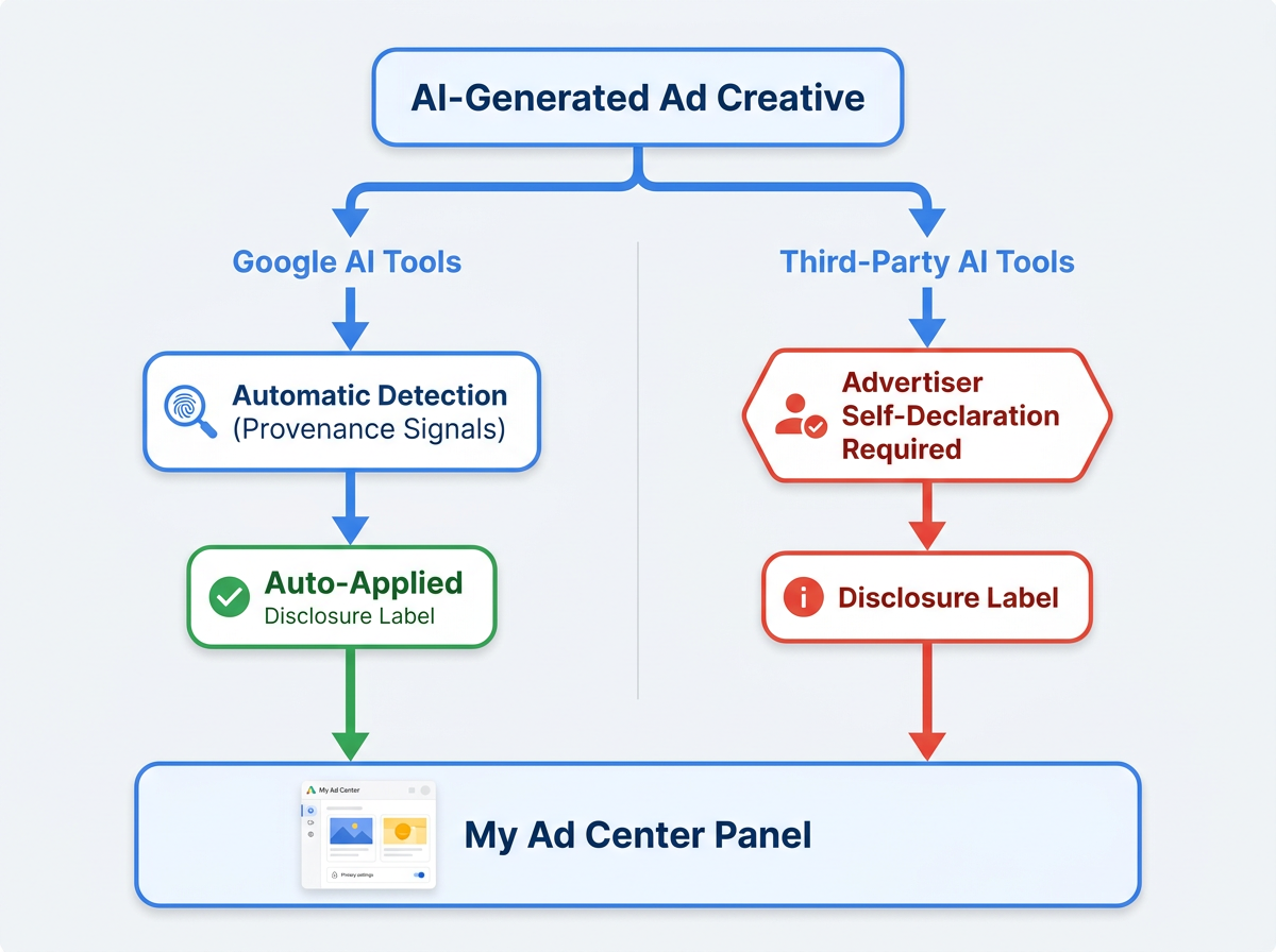 Flowchart showing Google Ads AI disclosure paths for Google and third-party tools