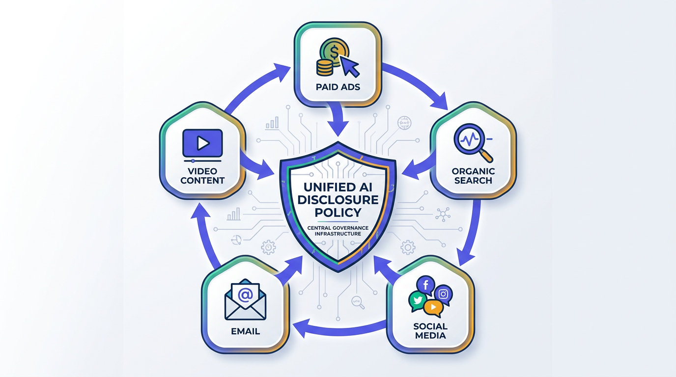 Radial infographic showing unified AI disclosure policy across five marketing channels