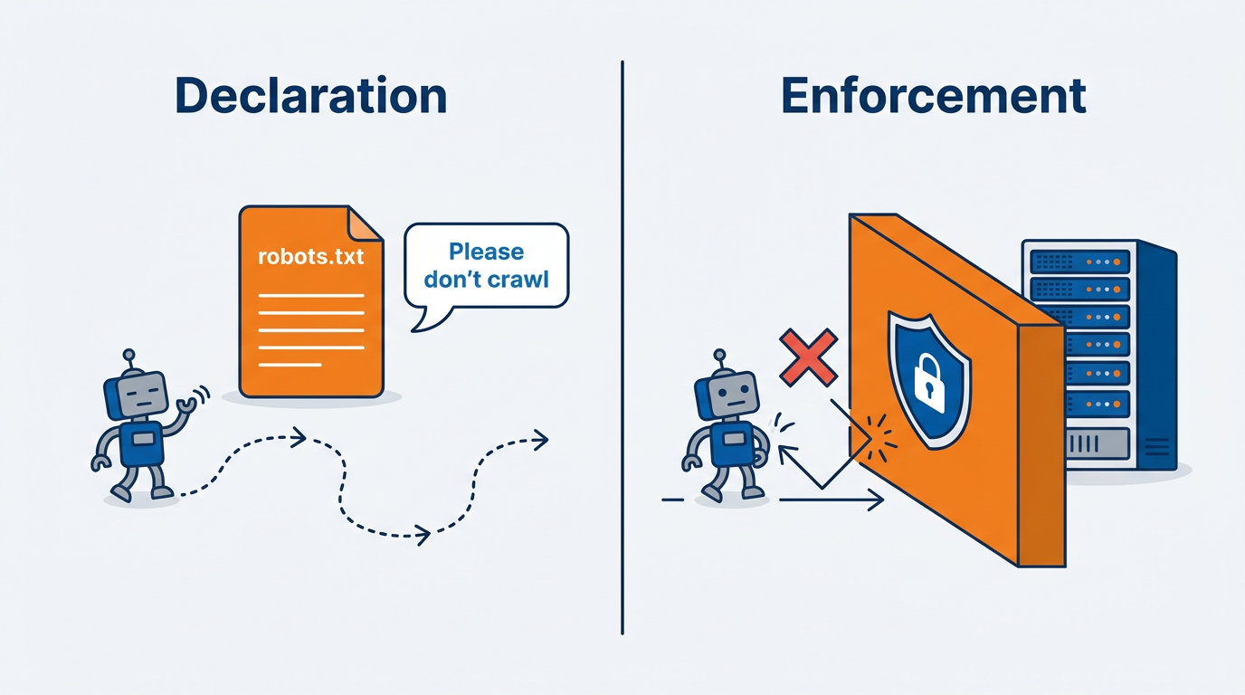 Diagram comparing robots.txt as passive declaration versus network firewall as active crawler blocking