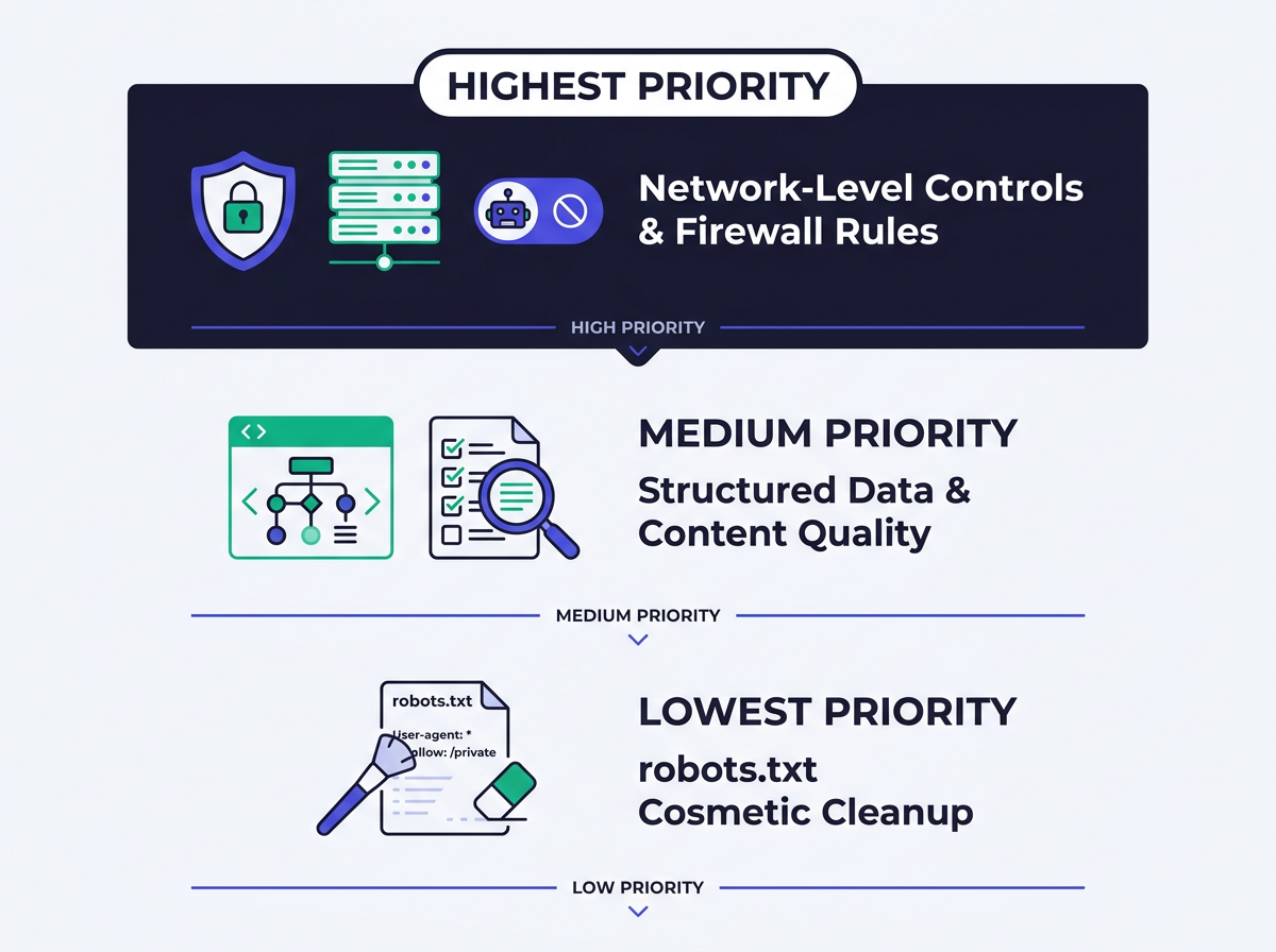 Prioritized action list infographic for AI crawler control after cloudflare content signals robots txt confirmed inert