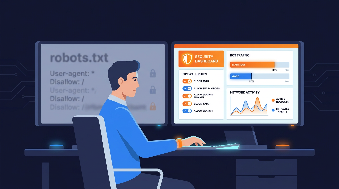 SEO professional focusing on Cloudflare enforcement dashboard over faded robots.txt file