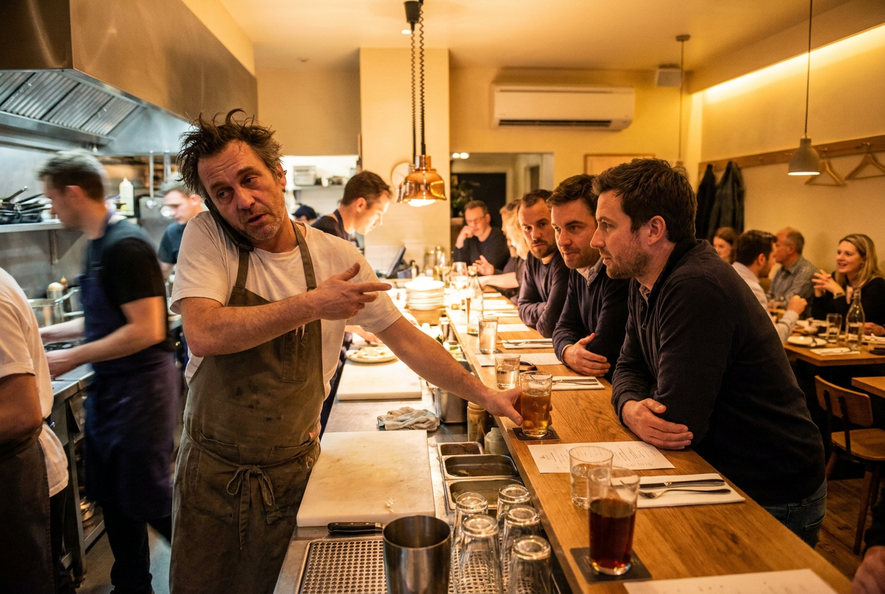 Gestreste restauranteigenaar met telefoon aan het oor tijdens de drukte, terwijl wachtende gasten om aandacht vragen