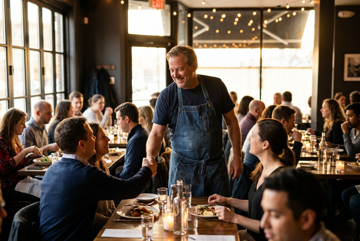 Ontspannen restauranteigenaar in een volledig bezette eetzaal tijdens een drukke avond