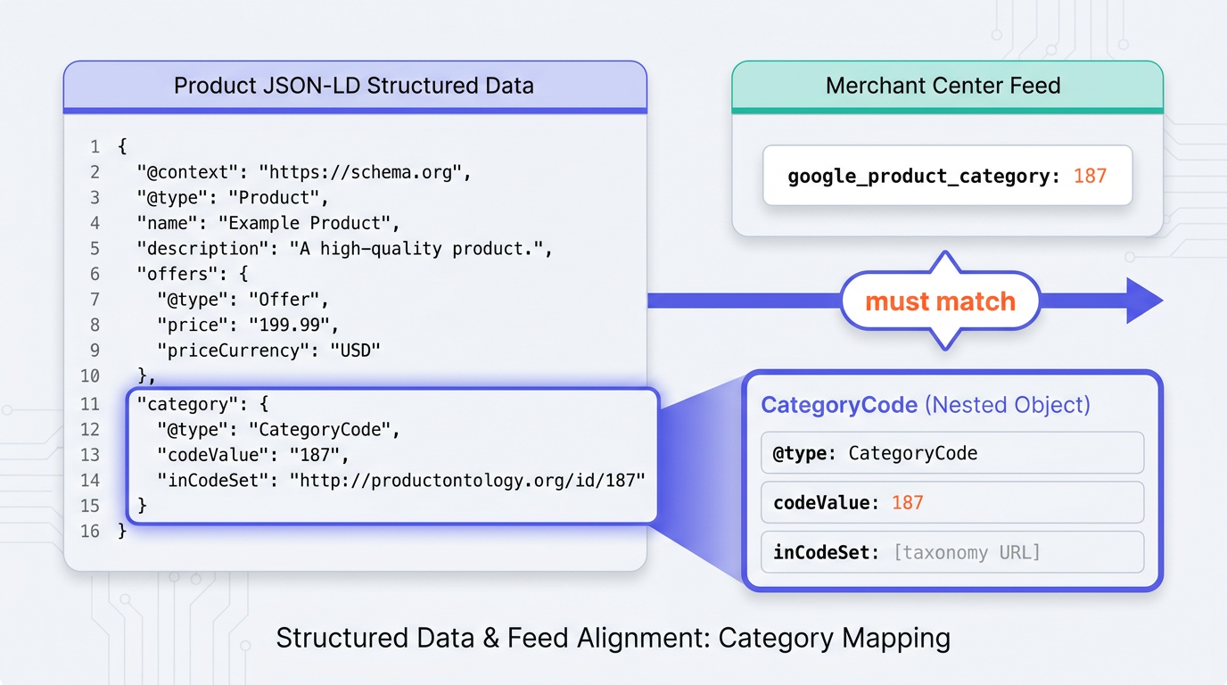 Architecture diagram mapping Product JSON-LD CategoryCode to Merchant Center google_product_category